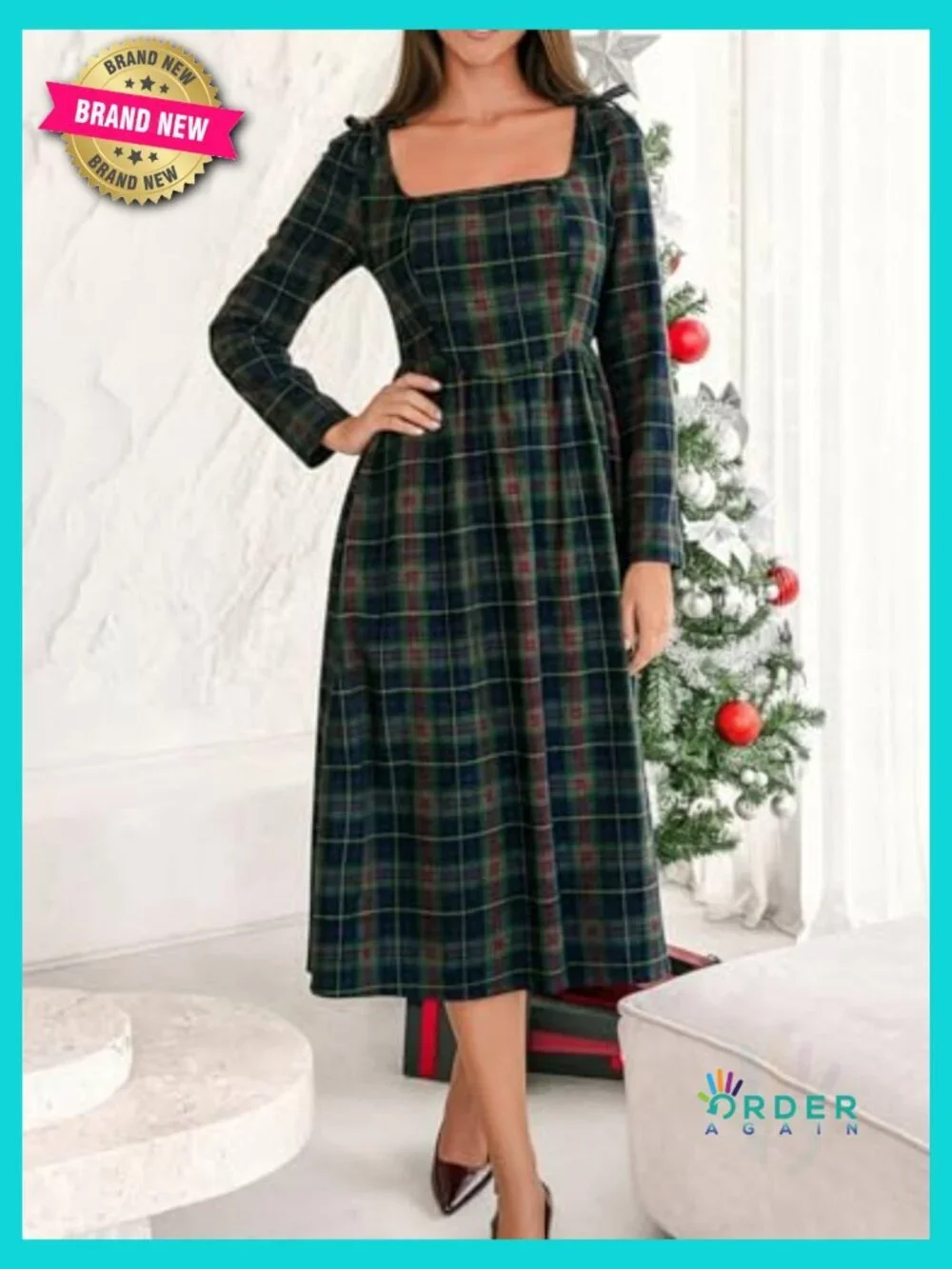 Square Neck Midi Dress Long Sleeve Smocked Waist Bow Knots Plaid Pattern Fall